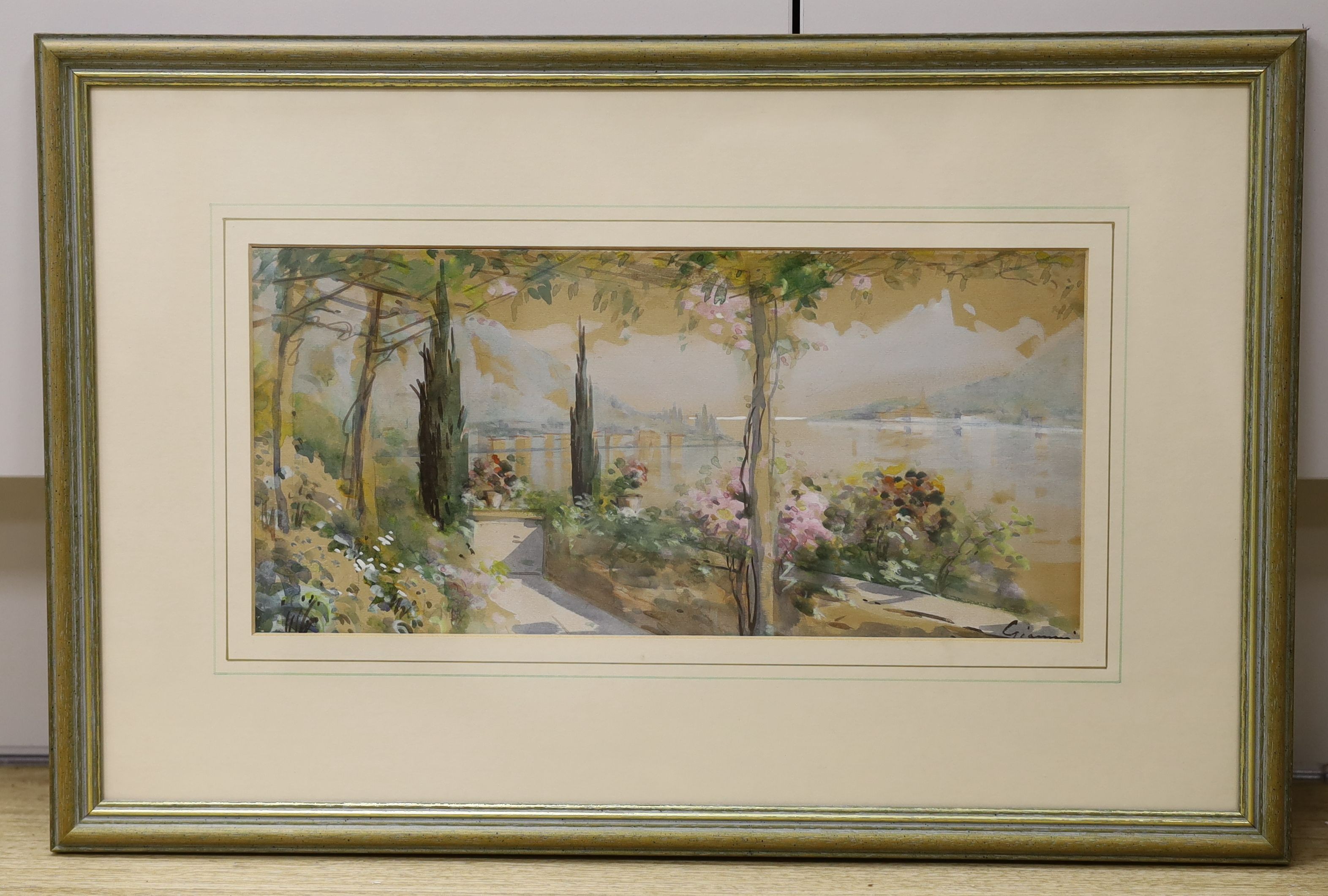 Gianni, watercolour, Terrace overlooking an Italian lake, signed, 16 x 34cm